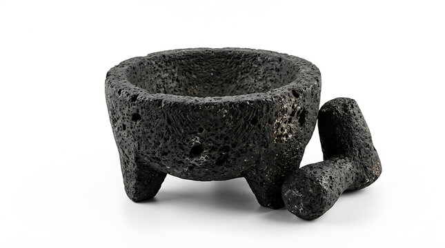Traditional Mexican Volcanic Stone Molcajete Mortar and Pestle Set Isolated on White