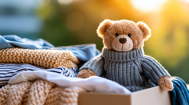 Teddy bear sitting in clothes donation box in warm sunlight representing childhood charity and giving, community support concept, charity photography, blurred sunny background,