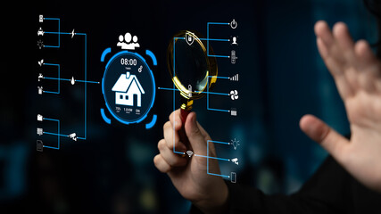 Futuristic Home Automation with Hand Holding Magnifying Glass and Digital Interface Displaying Smart Features and Time Management. Sentient. © InfiniteFlow