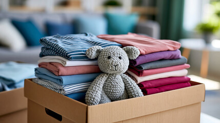 Folded clothes and plush toy neatly organized in cardboard donation boxes ready for charity campaign, decluttering and giving concept, humanitarian aid photography, blurred home