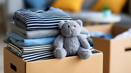 Folded clothes and plush toy neatly organized in cardboard donation boxes ready for charity campaign, decluttering and giving concept, humanitarian aid photography, blurred home