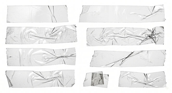 Collection of Transparent Wrinkled Adhesive Tape Strips Isolated on White Background