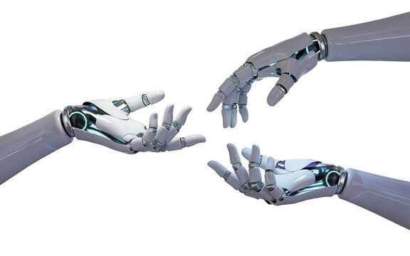 Three Robotic Hands Reaching Toward Each Other Isolated on White Background Symbolizing Artificial Intelligence Collaboration