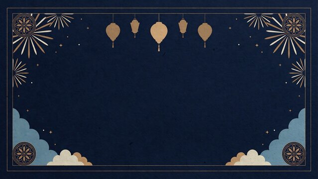 Gold balloons and fireworks on a dark blue background with clouds