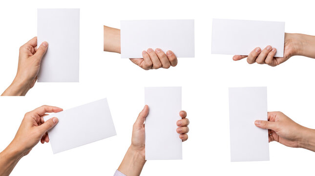 Collection of Hands Holding Blank Paper Cards and Flyers Isolated on White Background