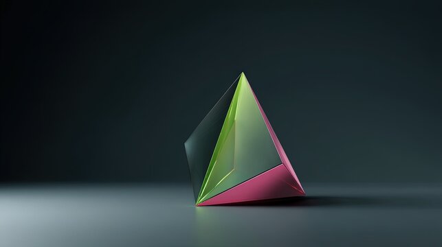 surreal 3D parametric prism with sharp, geometric edges in neon green and electric pink. The prism stands against a smooth, dark background that complements the vivid neon hues,