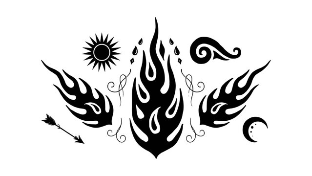 Black fantasy flames with sun, crescent moon, and arrow illustration Vector