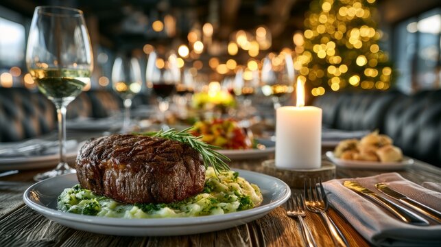Elegant steakhouse dining table set for private Christmas culinary event