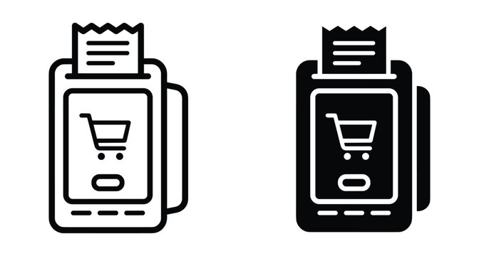 POS terminal icon set showing mobile payment device with shopping cart on screen and paper receipt for retail transaction processing