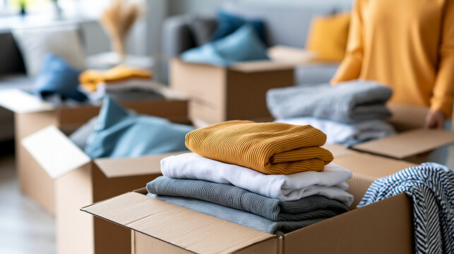Multiple open cardboard boxes filled with assorted donated household items ready for charity pickup, bulk donation concept, humanitarian photography, blurred home background, with