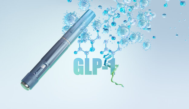 Injectable GLP-1 medication pen with molecular structure, biomolecules and protein. Obesity management, metabolic health, endocrinology, pharmaceutical innovation, biotechnology 3D
