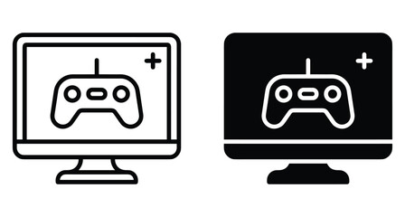 Fototapeta premium Computer monitor screen displaying a video game controller gamepad icon in outline and solid black styles for gaming interface design