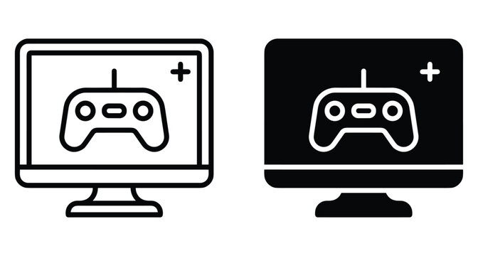 Computer monitor screen displaying a video game controller gamepad icon in outline and solid black styles for gaming interface design