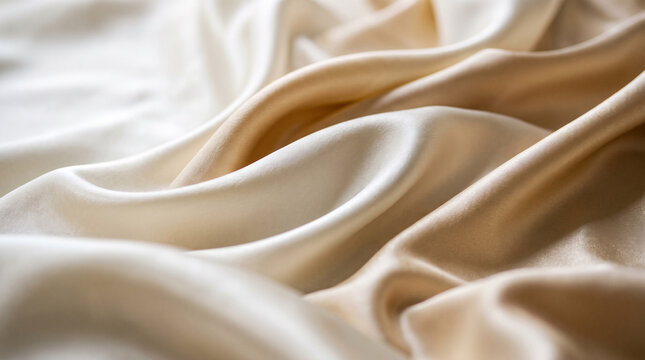 Premium white silk satin fabric waves texture, smooth elegant flowing cloth backdrop