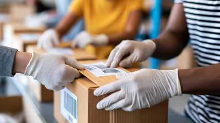 Faceless hands wrapping and labeling charity parcels at organized humanitarian aid packing station, donation logistics concept, volunteer photography, blurred facility background,