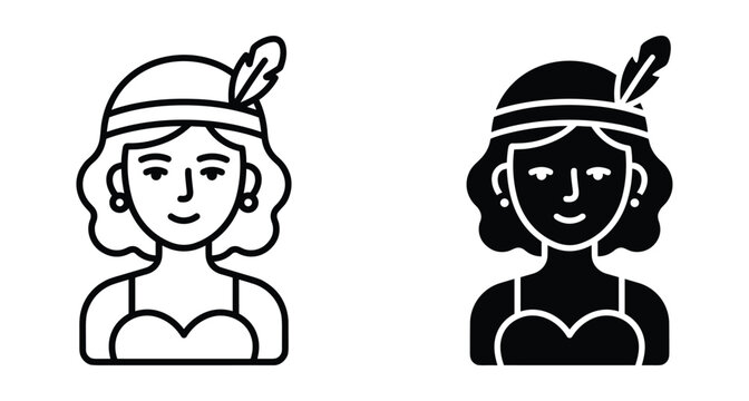 Flapper woman icon set featuring vintage 1920s style girl with headband feather bob haircut earrings and retro fashion dress design