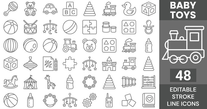 Baby toys and kids playthings line icons set. Vector childhood kindergarten education newborn game teddy bear train car puzzle block rattle pyramid alphabet abacus xylophone doll, editable stroke.