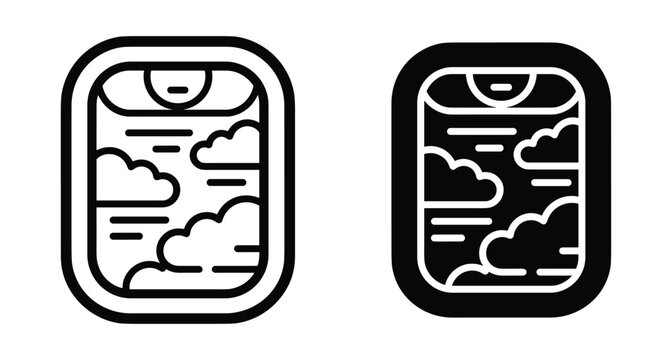 Airplane window icon set showing clouds in the sky for travel flight aviation journey tourism vacation transport and airline services