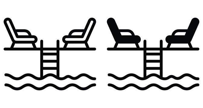 Pier with lounge chairs and swimming ladder icon set for summer vacation travel resort relaxation water activities beach deck