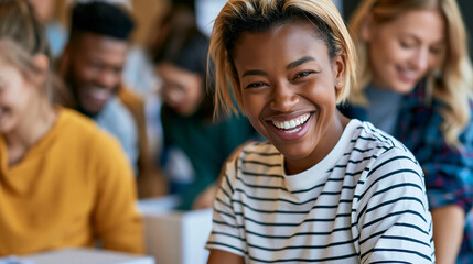 Obraz premium Faceless group of young adults laughing while working together at charity packing event in community center, joyful volunteering concept, humanitarian photography, blurred center