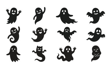 Fototapeta premium Diverse halloween ghost silhouette set featuring twelve unique spirit shapes with glowing eyes and star eyes on white background creative vector illustrations for spooky holiday themes and prints.