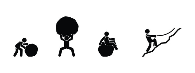 stickman people vector set, human climbing rock, heavy stone struggle, overcoming obstacles, mountaineering rope ascent, minimal flat icons © north100