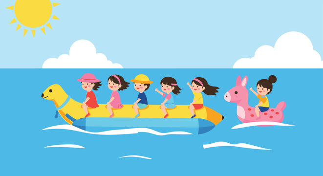 Group of happy children enjoys a sunny day at the beach riding a yellow banana boat and a pink unicorn float in the blue ocean.