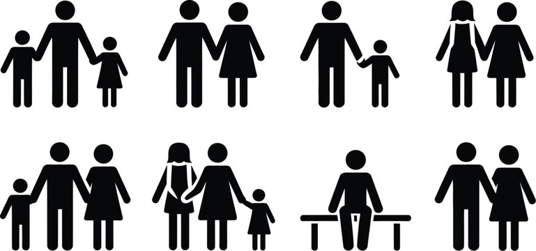 Family structures, generation icons representing parents, children, grandparents, siblings, relationships, diversity, household, community support and education worldwide