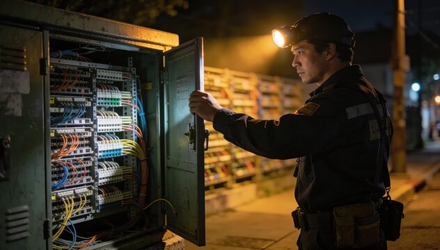 Focused medium shot of an inspector opening a street vault at night illuminated by headlamp showcasing crowded fiber splice trays inside out of focus.