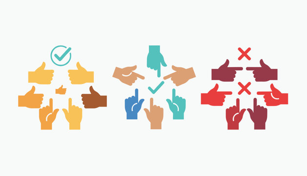 Three groups of hand gestures showing thumbs up and pointing fingers with checkmarks and red crosses for correct or incorrect actions.