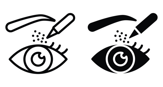 Eye makeup icon set showing eyebrow pencil application with dots for eyeshadow effect in outline and solid black graphic styles