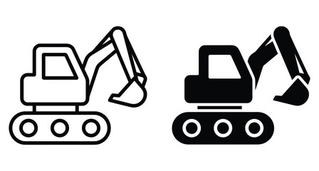 Naklejka premium Excavator icon set featuring outline and solid black heavy machinery for construction building site earthmoving equipment and industrial engineering projects