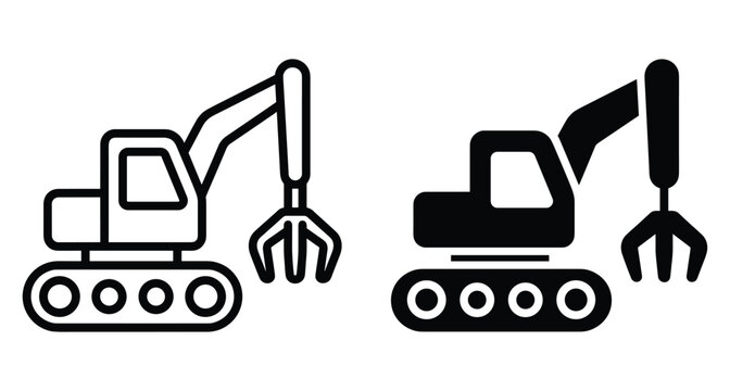 Excavator with grapple claw icon set for construction demolition forestry heavy machinery industrial equipment vector outline and solid silhouette symbols