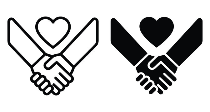 Handshake with heart icon representing partnership cooperation charity donation support unity agreement friendship compassion empathy social work volunteering business deal