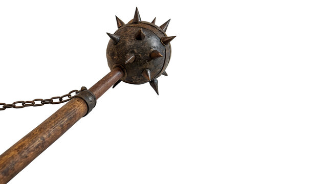 Vintage heavy dark metal spiked mace flail warrior weapon isolated on transparent background cut out