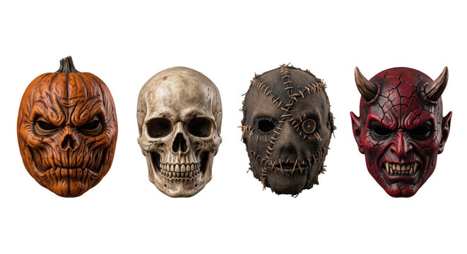 Spooky horror halloween masks on transparent background