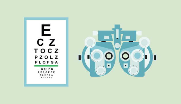 Ophthalmology equipment eye test chart and phoropter machine on light green background for optometry checkup.