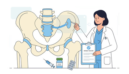 Fototapeta premium Orthopedic female doctor presenting hip joint pelvic bone skeletal anatomy alongside medicine and syringe.