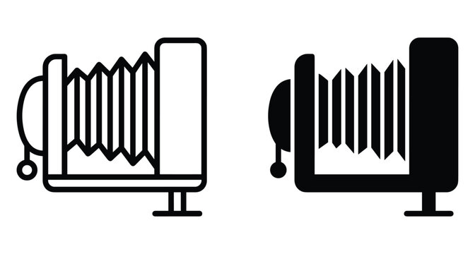 Vintage bellows camera icon set featuring antique large format photography equipment in outline and solid black minimalist vector style