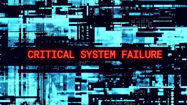 Red critical system failure warning message flickering on digital screen. Glitch effect background with blue data noise. Static wide shot.