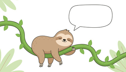 Fototapeta premium Adorable sloth sleeps peacefully on a green jungle vine next to a blank speech bubble for customized text.