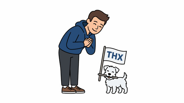 Gratitude Expression with a Polite Man Bowing and a Happy Dog Holding a Thx Thank You Flag