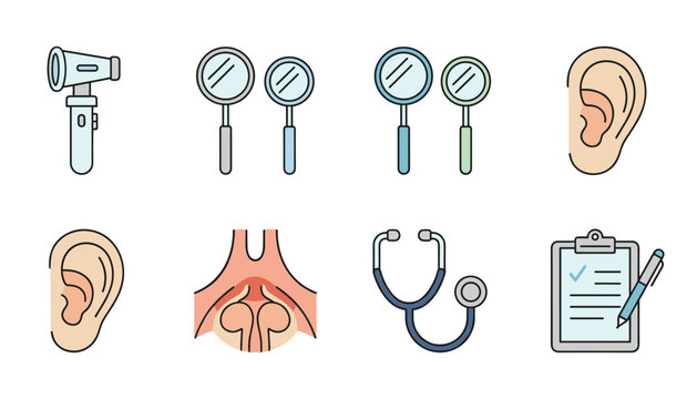 Collection of medical icons representing ear, nose, and throat examination tools used in otolaryngology clinics.