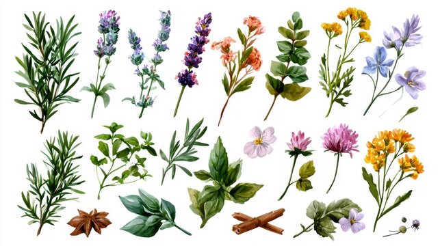 Botanical watercolor collection of herbs and flowers isolated on white background.