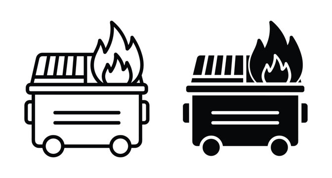 Dumpster fire icon set showing burning trash container with flames in outline and solid black silhouette styles for disaster concepts