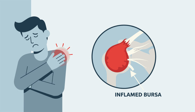 Man holding his shoulder in pain is shown next to an anatomical illustration of an inflamed bursa joint.