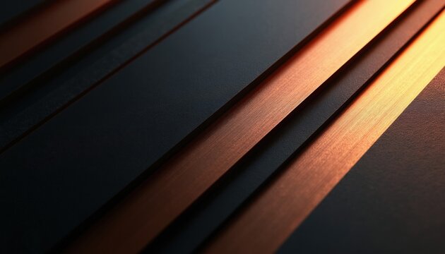 Abstract dark background with orange glowing stripes. Clean parallel lines create motion and depth. Modern digital art with metallic texture. Geometric pattern for design.