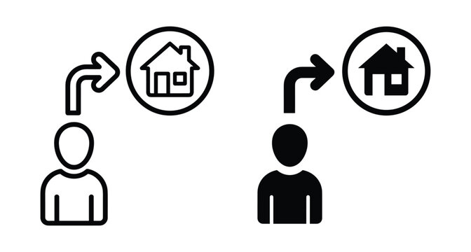 Person moving to new house icon set showing relocation process with arrow pointing from human figure to residential building symbol