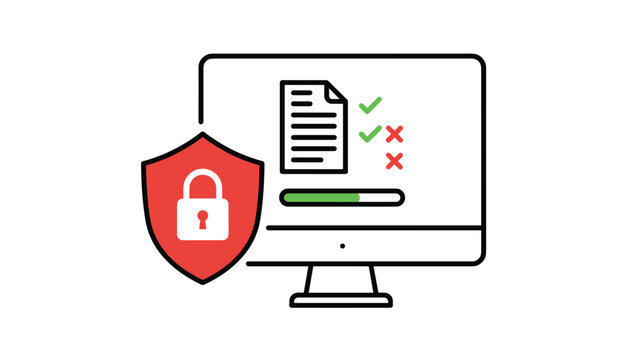 Cybersecurity interface displays a security shield with a padlock protecting digital documents on a computer.