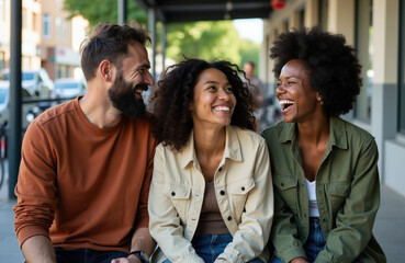 Fototapeta premium Three diverse friends laugh heartily together outdoors. They are seated close, sharing a joyful moment, with one woman looking at the camera, suggesting camaraderie and happiness.